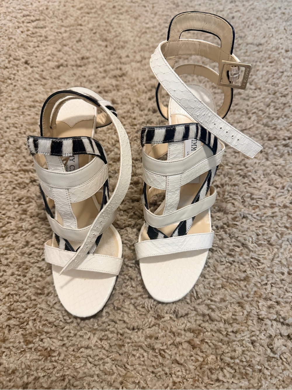 Jimmy Choo White Strappy Heels with Black Accent Stripes